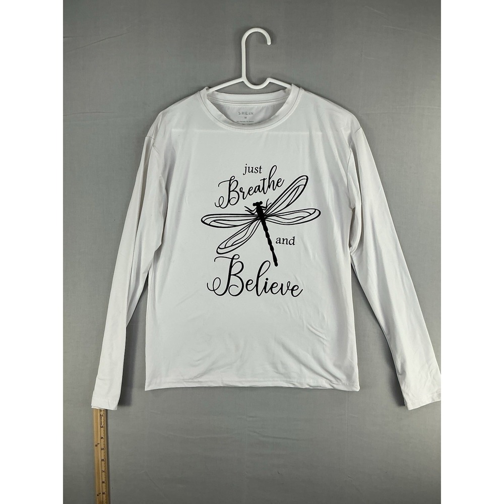 SHEIN Women's Long Sleeve Graphic T-Shirt Just Breathe Dragonfly White Size M